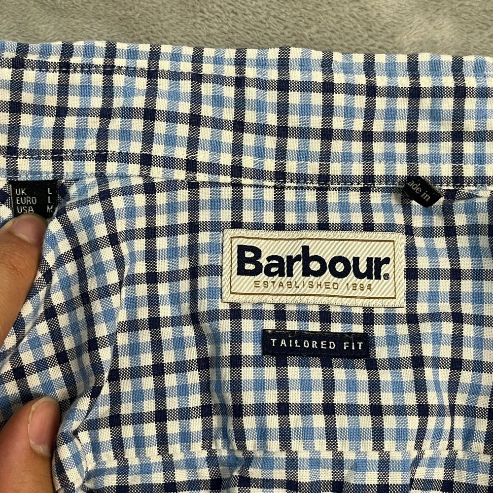 Barbour Gingham Check Tailored Fit Button Shirt Mens Medium Blue White Preppy